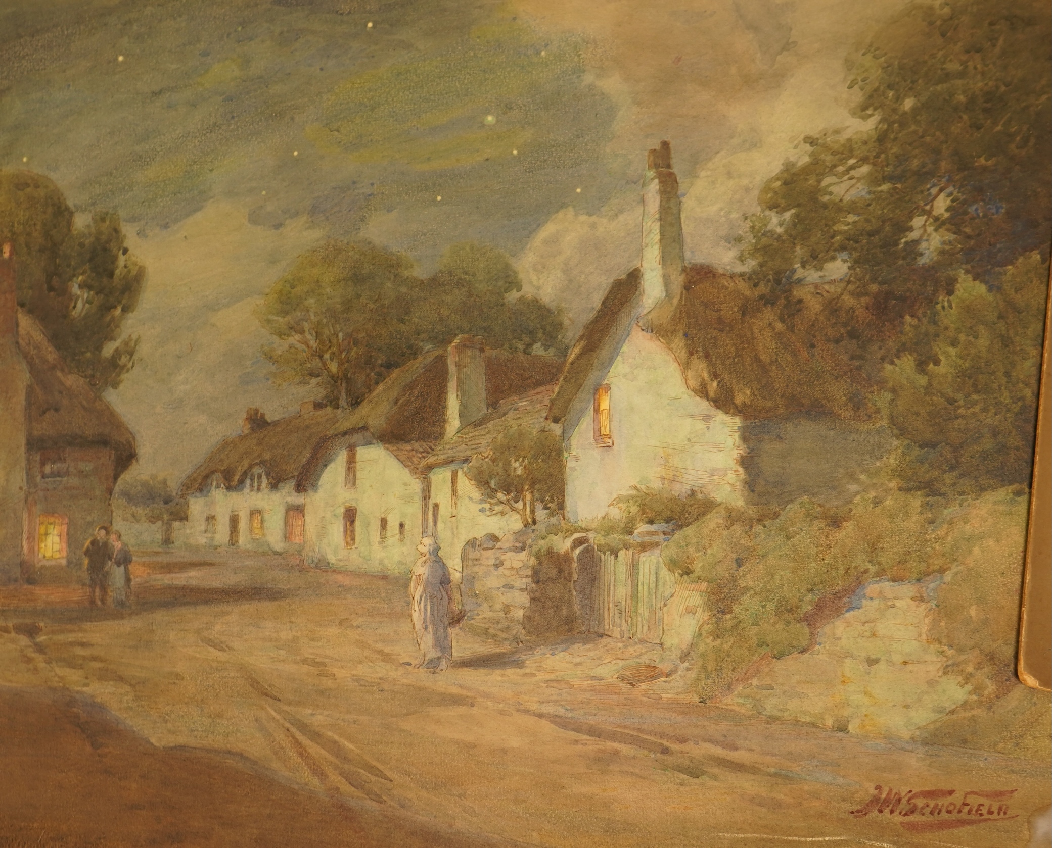 John William Schofield (1865-1944), a collection of six watercolours and pastels to include landscape with castle beyond, coastal views and street scene with cottages, most signed, together with an oval pastel portrait o